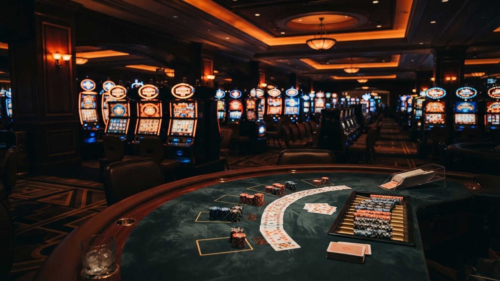 Casino speeltafel met fiches en speelkaarten