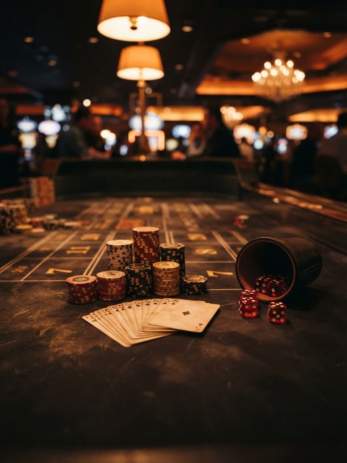 Casino fiches en speelkaarten op een tafel