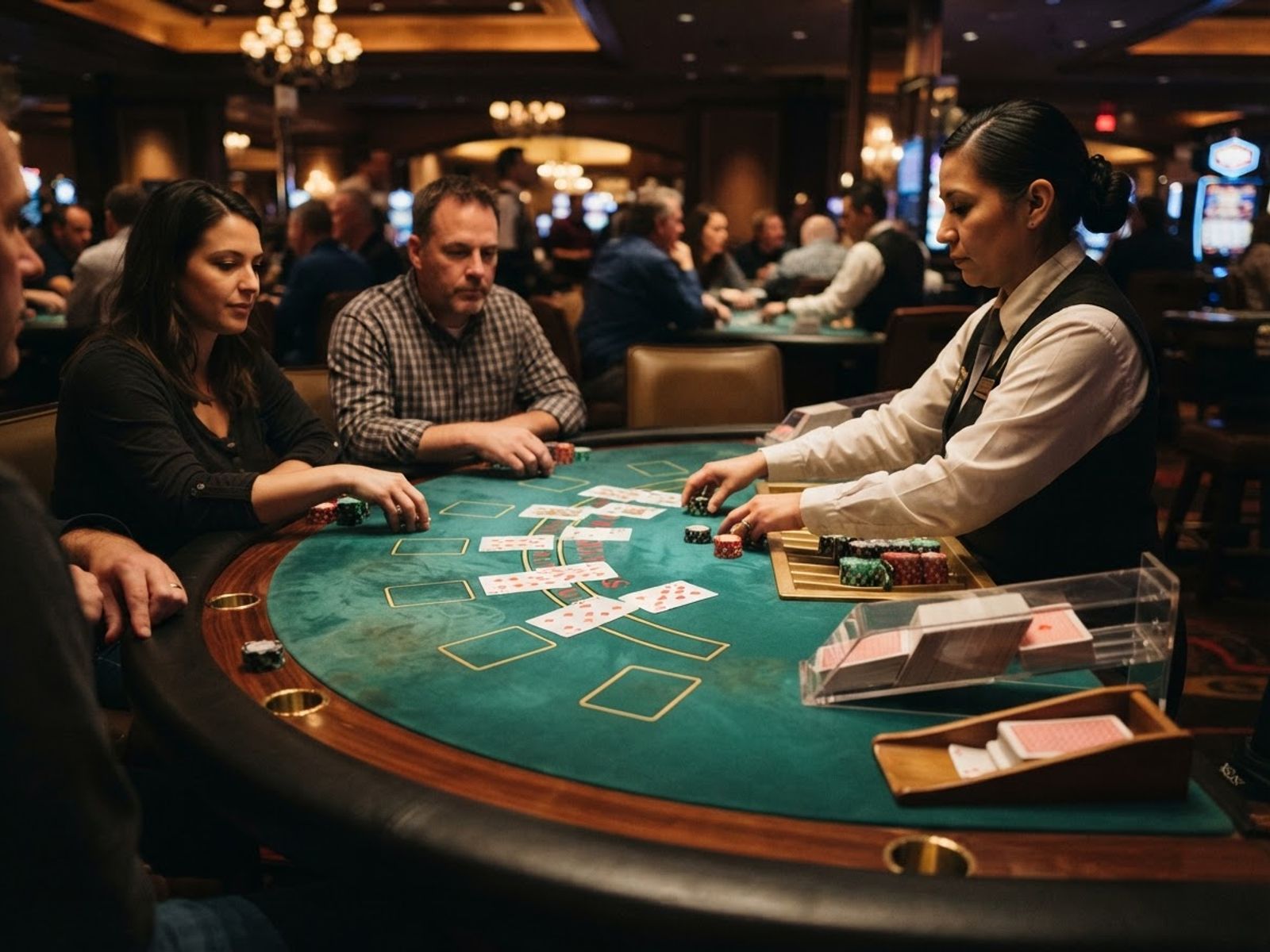 Live blackjack dealer deelt kaarten aan tafel